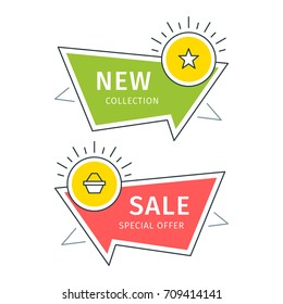 Flat geometric vector banners. Trendy style sale speech bubble design and place for text.