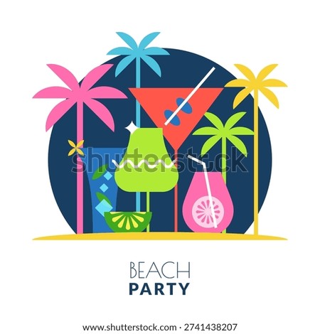 Flat geometric vector illustration of beach nightlife party. Dark blue evening background with colorful cocktail glasses and palm trees. Decorative label template for banner, flyer or poster design