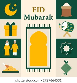 Flat geometric vector illustration featuring Eid Mubarak text and Islamic shapes, designed for posters, greeting cards, social media posts, banners, and cover layouts with a modern religious style.