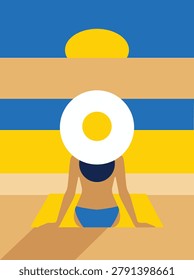 Flat Geometric Vector of Woman with Sun Hat on the Beach. A vertical digital vector illustration in a minimalist, flat geometric style depicting a woman from behind sitting on the beach. The subject is centered, resting on a yellow beach towel, and wearing a large white sun hat with a yellow crown alongside a blue bikini. The background is composed of clean, horizontal bands of color representing the sand, sea, and sky, crowned by a stylized golden sun. Designed with an artistic, semi-abstract aesthetic, this graphic provides excellent layout versatility for summer vertical video backgrounds, smartphone wallpapers, travel advertisements, and seasonal promotions.