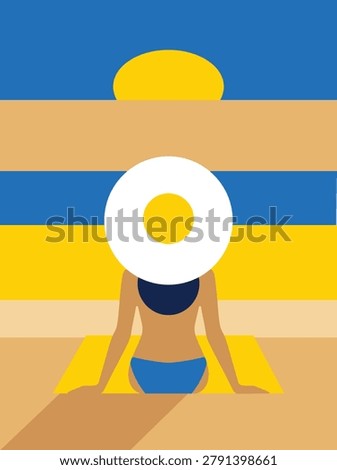 Flat Geometric Vector of Woman with Sun Hat on the Beach. A vertical digital vector illustration in a minimalist, flat geometric style depicting a woman from behind sitting on the beach. The subject is centered, resting on a yellow beach towel, and wearing a large white sun hat with a yellow crown alongside a blue bikini. The background is composed of clean, horizontal bands of color representing the sand, sea, and sky, crowned by a stylized golden sun. Designed with an artistic, semi-abstract aesthetic, this graphic provides excellent layout versatility for summer vertical video backgrounds, smartphone wallpapers, travel advertisements, and seasonal promotions.