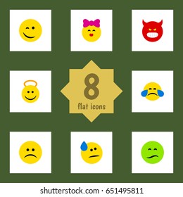 Flat Gesture Set Of Caress, Sad, Cold Sweat And Other Vector Objects. Also Includes Pouting, Frown, Smile Elements.
