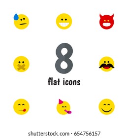 Flat Gesture Set Of Grin, Delicious Food, Pouting And Other Vector Objects. Also Includes Fun, Whiskers, Cheerful Elements.