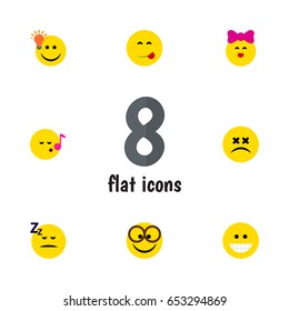 Flat Gesture Set Of Grin, Have An Good Opinion, Cross-Eyed Face And Other Vector Objects. Also Includes Savoring, Song, Delicious Elements.