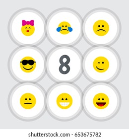 Flat Gesture Set Of Laugh, Winking, Displeased And Other Vector Objects. Also Includes Kiss, Sad, Frown Elements.