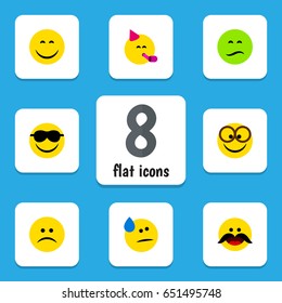 Flat Gesture Set Of Sad, Party Time Emoticon, Frown And Other Vector Objects. Also Includes Happy, Cheerful, Sunglasses Elements.