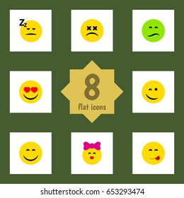 Flat Gesture Set Of Smile, Winking, Love And Other Vector Objects. Also Includes Frown, Delicious, Heart Elements.