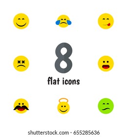 Flat Gesture Set Of Wonder, Frown, Delicious Food And Other Vector Objects. Also Includes Savoring, Smile, Tears Elements.