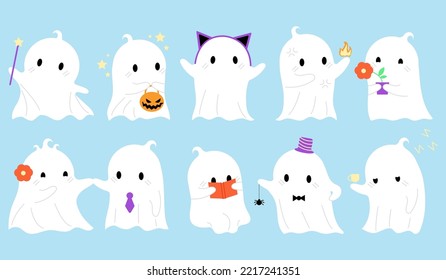 Flat ghost collection for decorative design. Halloween vector set. Cartton style. Funny illustration for print, web, media and other proposes.