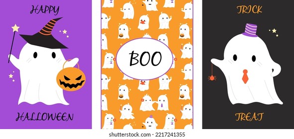 Flat ghost decorative banner design. Halloween vector postcards. Cartton style invitations. Funny illustration for print, web, media and other proposes.