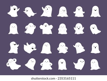 flat ghosts collection. simple childish funny scary monsters set, halloween party decoration, spooky minimalistic characters. vector cartoon items set.