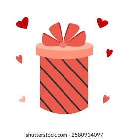 Flat gift box with bow and hearts on white background