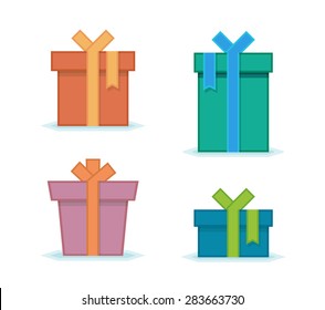 Juego de iconos de la caja de regalo plana. Paquete de regalo. Iconos vectoriales de la caja de regalo plana