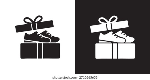 Icono de caja de regalo plana con zapatillas de deporte en el interior para promociones de moda y comercio electrónico