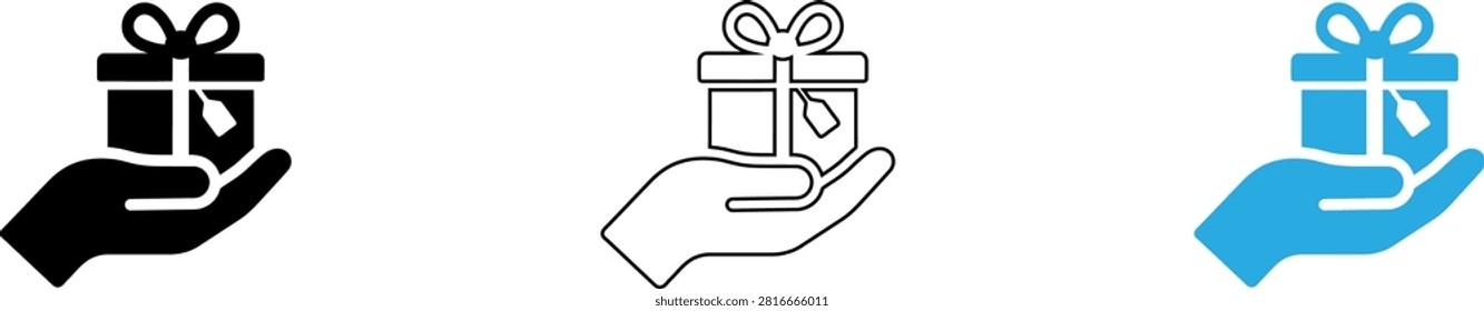 Flat gift box icons in different hand styles showing giving gesture isolated on transparent background, Vector