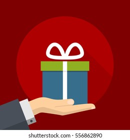 Flat Gift Box Illustration on a Hand Palm. Long Shadow Icon