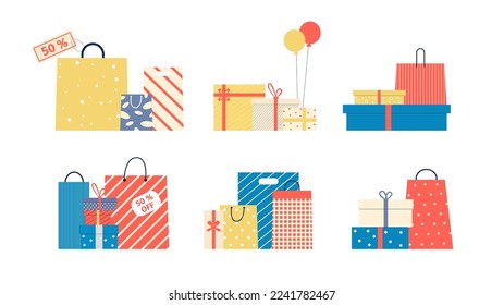 Flat gift box, shopping bags from sale or discount. Birthday presents with balloons, wedding or holidays. Mother or father day, valentines day gifts piles. Anniversary surprises vector set