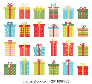 Flat gift boxes with ribbon bows, presents for birthday or christmas. Cartoon package wrapping designs. Winter holiday decoration vector set. Surprise for event celebration isolated