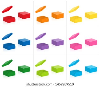 Flat gift boxes. Shallow shoe, toy, jewelry or present boxes with closed and open lid. Colorful set of nine packets. Isolated 3d vector illustration on white background.
