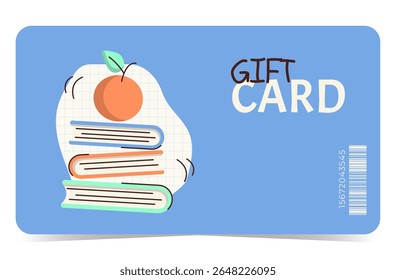 Modelo de cartão de presente plano com livros e maçã. Design para vendas, programas de fidelidade, bônus ou presentes. Ilustração vetorial para qualquer negócio ou ocasião