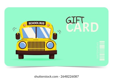 Flat gift card template with school bus. Design for sales, loyalty programs, bonuses or presents. Vector illustration for any business or occasion