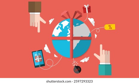 Flat gift global finance background, business company, print, website, homepage, visual, vector icon