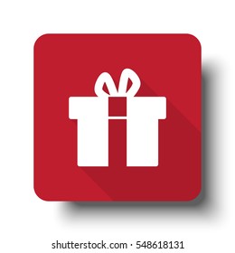 Flat Gift  web icon on red button with drop shadow