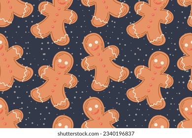 Flat Gingerbread man cookie with icing. Vector cartoon seamless pattern, christmas sweet biscuit.