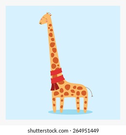 Flat giraffe with spots and red scarf on blu background