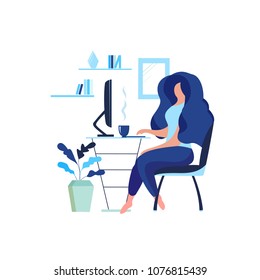 Flat girl. Business illustration.Business woman at work. Office worker woman behind the a work desk. Vector illustration of a flat design.