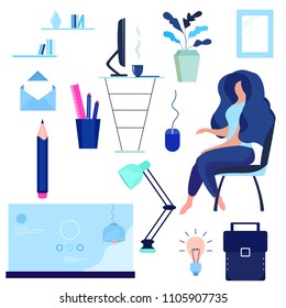 Flat girl. Business illustration.Business woman at work. Office worker woman behind the a work desk. Vector illustration of a flat design.