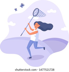 Flat girl catching butterflies in a butterfly net. Purple flat style illustration on isolated background. 