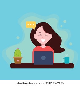 Flat Girl-Charakter Mädchen arbeitet Fernbedienung auf Laptop Freiberufler Job Illustration Home Business-Konzept Vektor.