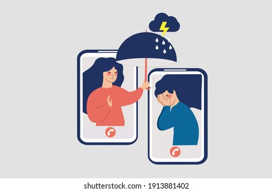 Flat Girl comforts her unhappy best friend over the phone. Female consoles, takes care of women with mental problems. Supporting people with depression or stress online. Psychological issues concept.