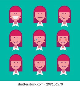 Flat girl with different emotions. Vector illustration