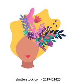 Flat girl face with spring flowers and twigs in blond hair vector illustration