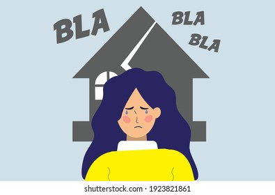 Flat girl female character crying because of the negative environment at her home. husband and wife fight and shout loud in front of children. Divorce consequences and bad parenting concept. Vector.