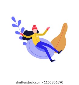 Flat girl in hat sledging at inflatable tube, snowtubing outdoors in winter in warm clothing and long black hairs on abstract floral elements background. Female character and leisure activity. Vector