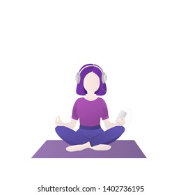 Flat girl in headphones listen music from smartphone and meditating in lotus pose. Vector illustration. Social media concept. Isolated