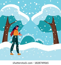 Flat girl in a jacket and scarf is walking in a winter Park, a girl with a reusable mug, it's snowing. Cute winter flat illustration