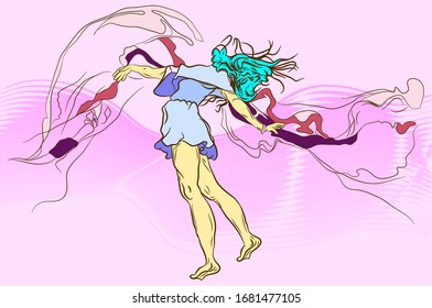 Flat girl in light blue dress with turquoise hair on abstract background