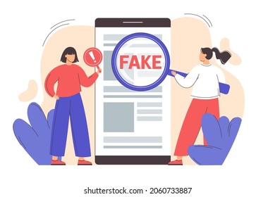 Flat girl with magnifying glass scanning and check news on smartphone. Spreading fake news concept. Hoax on the internet and social media. Untruth information spread.