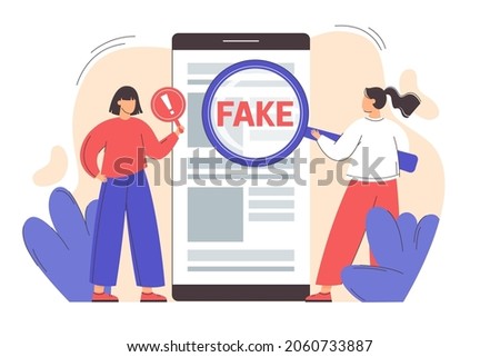 Flat girl with magnifying glass scanning and check news on smartphone. Spreading fake news concept. Hoax on the internet and social media. Untruth information spread.