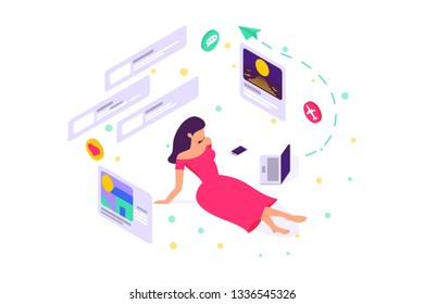 Flat girl on floor with dress, laptop, online site, icons, mobile phone. Concept young woman character with like, message and web relationship. Vector illustration.