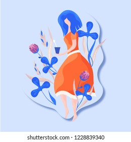 A flat girl in an orange skirt keeps yogurt surrounded by clover and cereal crops.Vectpr illustration.