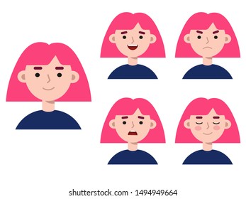 Flat girl with pink hair, vector character. Set of different emotions 