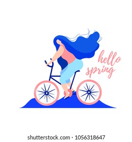 Flat girl riding a bicycle. Poster with cyclist riding bicycle. Cycling poses in trend colors. Bicycle road racers. Adventure and travel outdoor on bicycle. Bike courier, vector 