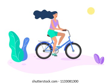 Flat girl riding a bicycle. Poster with cyclist riding bicycle. Cycling poses in trend colors. Bicycle road racers. 