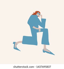 Flat the girl sat down. Woman in trendy modern clothes blue pastel colors, orange long hair style, sunglasses. Female cartoon characters. 