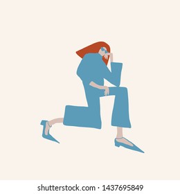 Flat the girl sat down. Woman in trendy modern clothes blue pastel colors, orange long hair style, sunglasses. Female cartoon characters. 